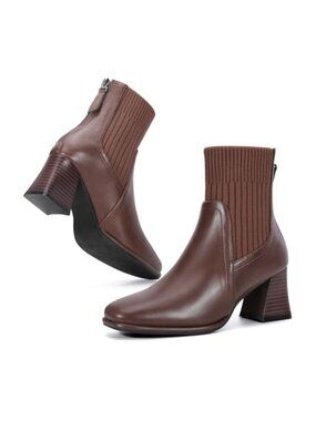 Square Toe Ankle Boots Block Heel Chelsea Mid Calf Booties Faux Leather